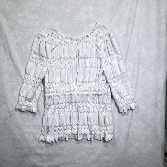 Free People Fire Island Blouse Open Knit Crochet Cinched Ivory Boho Chic Sz L - Picture 9 of 12